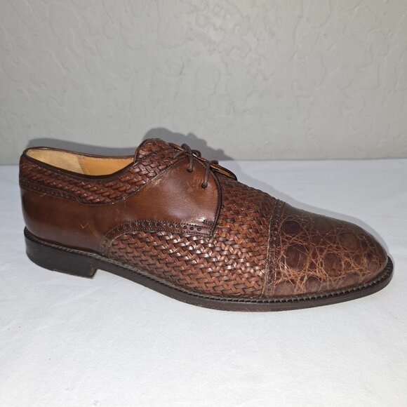 Mezlan Salinas Brown Woven Leather & Crocodile Cap Toe Oxfords Men's Size 10 M - Picture 3 of 10